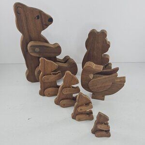 Handmade Wooden Bear Family Set With Movable Parts Articulated Duck